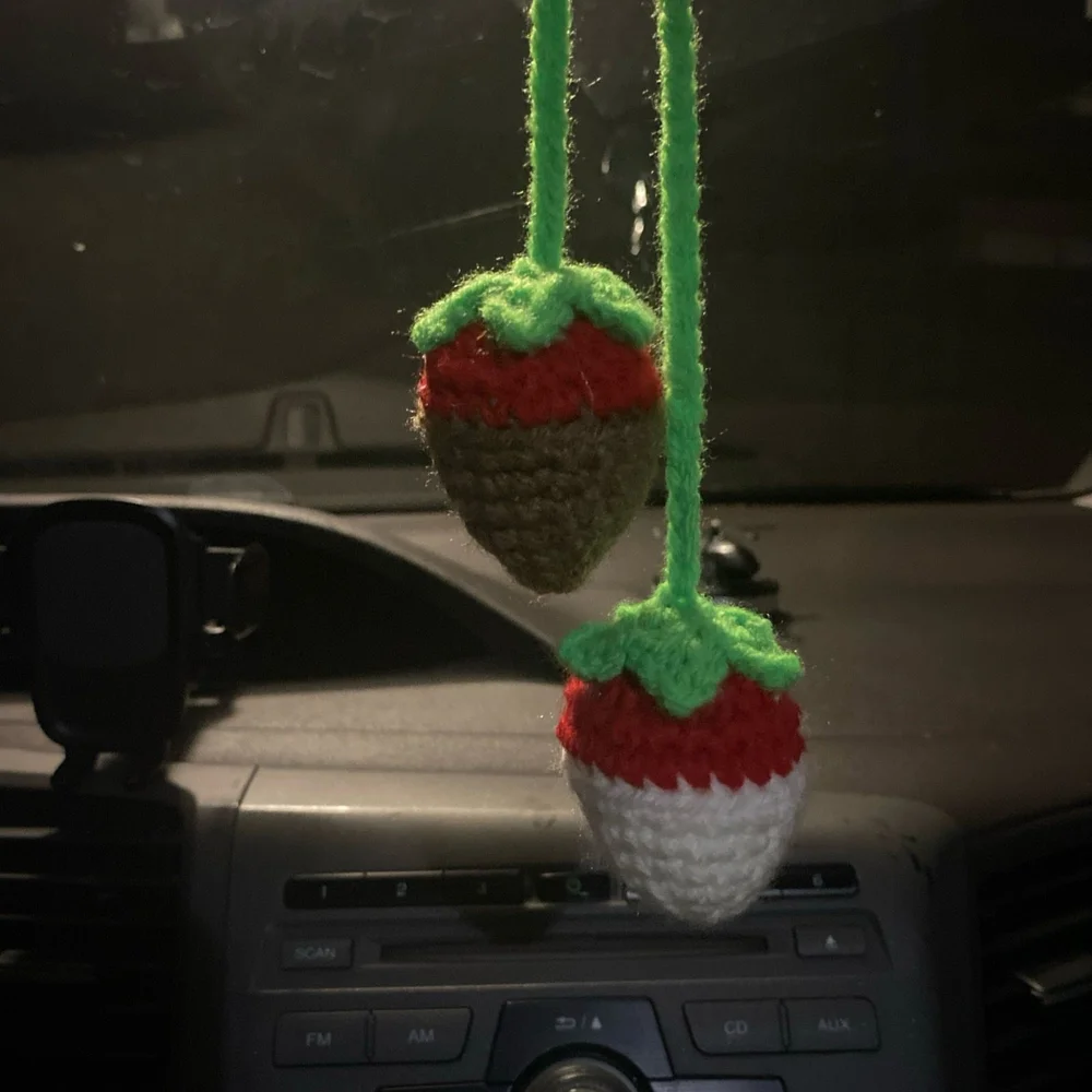 Charming Crochet Strawberry Car Decore - Red, White, and Brown